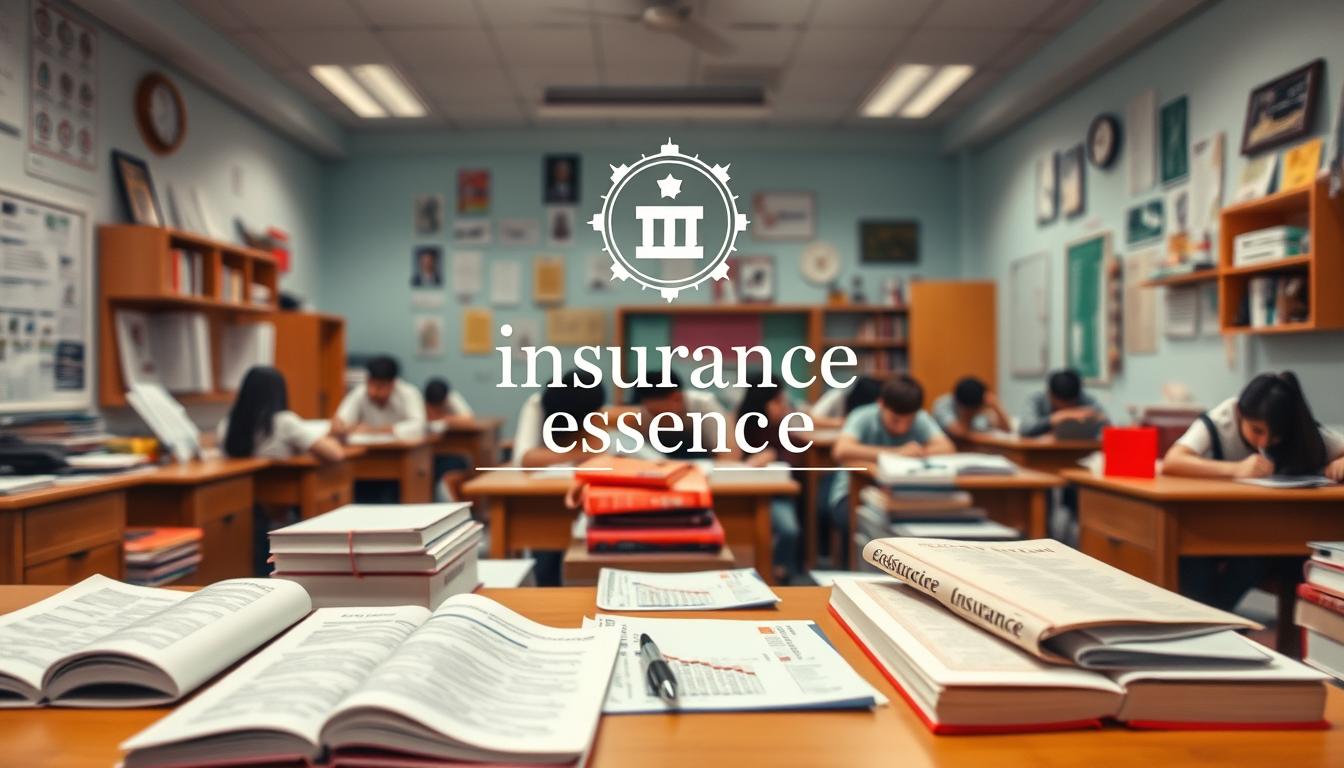 A visually appealing scene of a bustling examination room filled with various study materials related to life and health insurance, including textbooks, charts, and notes. The atmosphere conveys a sense of focus and determination, with a backdrop of soft colors and subtle lighting highlighting the importance of education in the insurance field. The brand name "insurance essence" subtly integrated into the design through symbolic imagery, such as an emblem or icon representing knowledge and security, without direct textual representation.