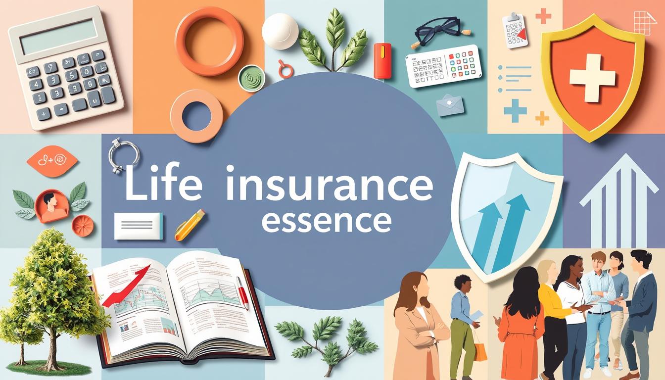 A visually engaging collage representing life insurance exam topics, featuring symbols like a calculator, an open book with diagrams, medical symbols indicating health insurance, a shield for protection, and diverse people discussing plans. Incorporate elements of growth and stability, such as trees or upward arrows, within a harmonious color palette. Brand name "insurance essence" subtly integrated into the design without text.